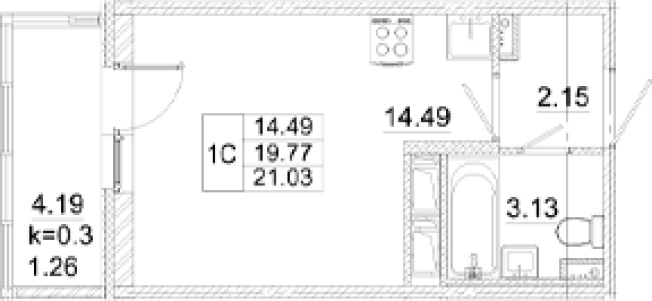 . Вариант № 8999502, 0, площадь - 19.77 квм, цена 4353210 рублей