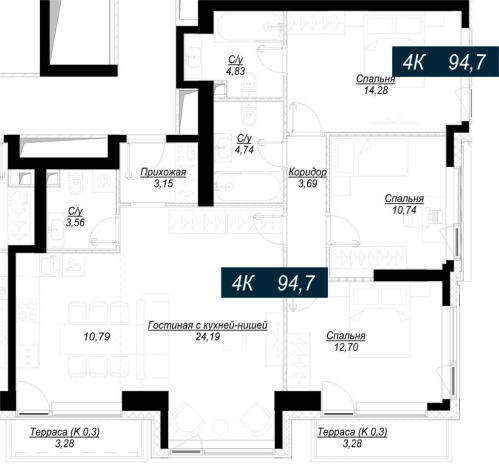 . Вариант № 5660, 4, площадь - 94.7 квм, цена 58500000 рублей