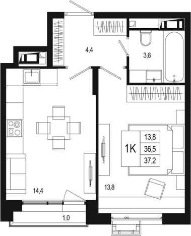 . Вариант № 120217, 0, площадь - 36.5 квм, цена 7661447 рублей