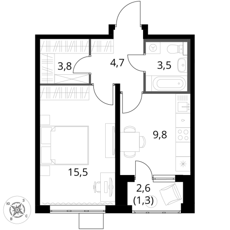 . Вариант № 9949465, 0, площадь - 38.6 квм, цена 13201200 рублей
