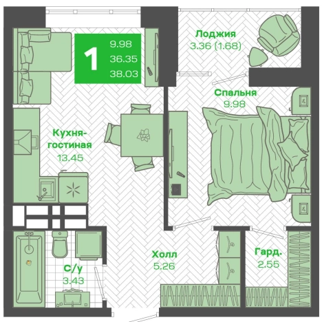 Купить однокомнатную квартиру в новостройках в ЖК Зелёный бульвар 2 в Владивостоке. Вариант № 6298576, 0, площадь -  квм, цена 7800000 рублей