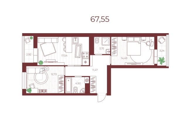 . Вариант № 70974, 0, площадь - 67.55 квм, цена 5629000 рублей