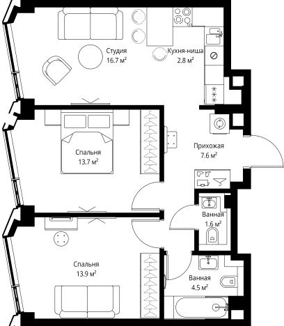 Купить двухкомнатную квартиру в ЖК Symphony 34 в Москве. Вариант № 141418, 0, площадь -  квм, цена 40918400 рублей
