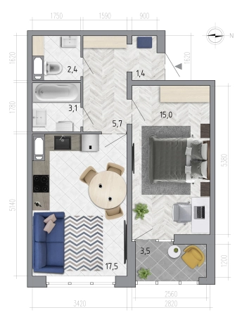 Купить однокомнатную квартиру в Микрорайоне Боровое в Воронеже. Вариант № 1042903, 0, площадь -  квм, цена 4937939 рублей