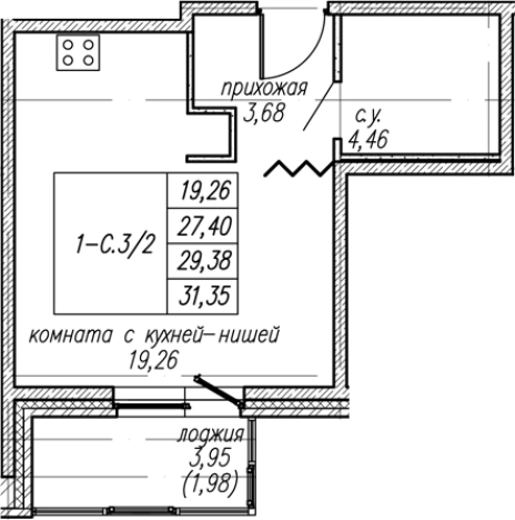 . Вариант № 8063788, 0, площадь - 27.4 квм, цена 4360609 рублей