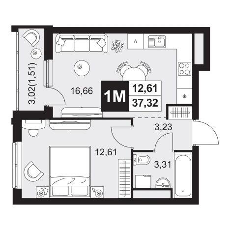 . Вариант № 9153888, 0, площадь - 37.32 квм, цена 4530648 рублей