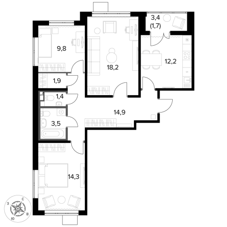 Купить трехкомнатную квартиру у метро Домодедовская в Видном. Вариант № 9905152, 0, площадь -  квм, цена 18415560 рублей