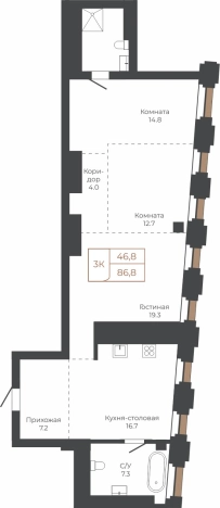 Купить трехкомнатную квартиру в районе Центральный в Барнауле. Вариант № 6841511, 0, площадь -  квм, цена 23109414 рублей