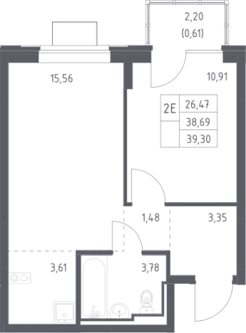 . Вариант № 2640427, 0, площадь - 39.3 квм, цена 6035851 рублей