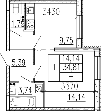 . Вариант № 9096124, 0, площадь - 34.81 квм, цена 4210229 рублей