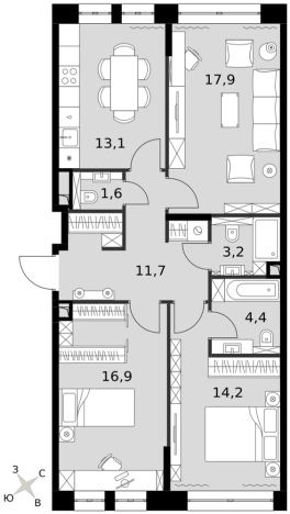 Купить трехкомнатную квартиру в ЖК Sydney City в Москве. Вариант № 9501823, 0, площадь -  квм, цена 58141501 рублей
