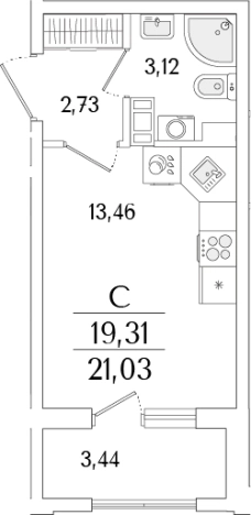 . Вариант № 6258487, 0, площадь - 19.31 квм, цена 8499079 рублей