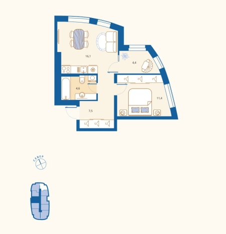 Купить однокомнатную квартиру в районе Октябрьский в Пензенской области. Вариант № 8816590, 0, площадь - квм, цена 4708000 рублей