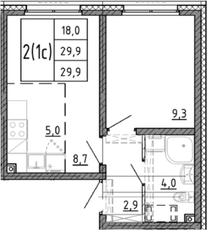 . Вариант № 9510695, 0, площадь - 29.9 квм, цена 6128603 рублей