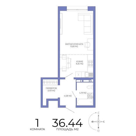 . Вариант № 127874, 0, площадь - 36.44 квм, цена 3352480 рублей