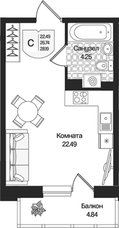 . Вариант № 9314012, 0, площадь - 26.74 квм, цена 6153191 рублей