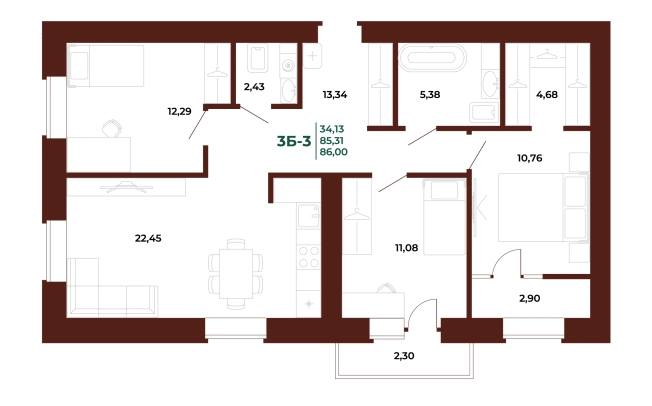 Купить трехкомнатную квартиру в новостройках на улице проспект Строителей в Пензе. Вариант № 418694, 0, площадь -  квм, цена 10629280 рублей