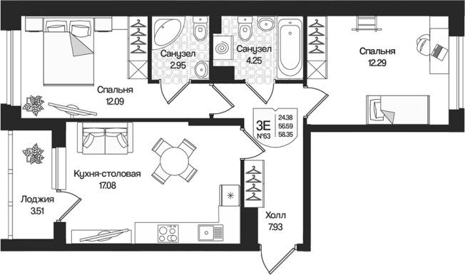 Купить трехкомнатную квартиру у метро Парнас в Ленинградской области. Вариант № 7261473, 0, площадь -  квм, цена 12939134 рублей