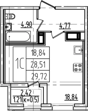 . Вариант № 1893155, 0, площадь - 28.51 квм, цена 9510400 рублей