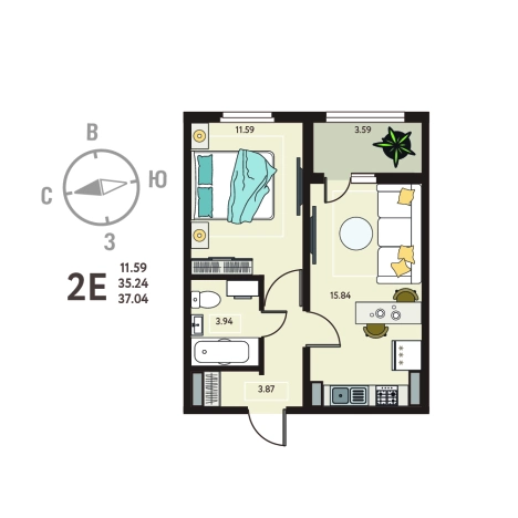 . Вариант № 7806179, 0, площадь - 37.04 квм, цена 4167000 рублей