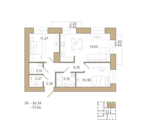 . Вариант № 95903, 0, площадь - 57.66 квм, цена 7668780 рублей