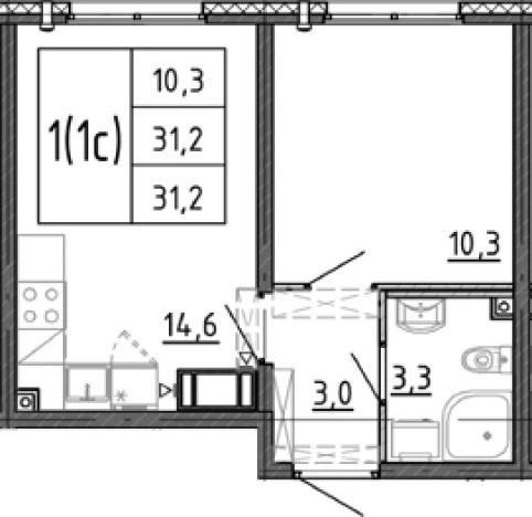 . Вариант № 7604468, 0, площадь - 31.2 квм, цена 6298656 рублей
