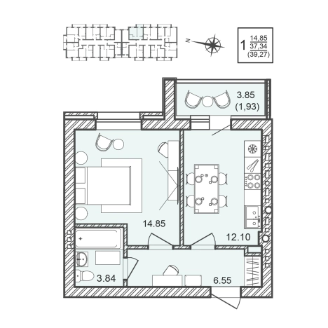 . Вариант № 1167514, 0, площадь - 39.27 квм, цена 5529216 рублей