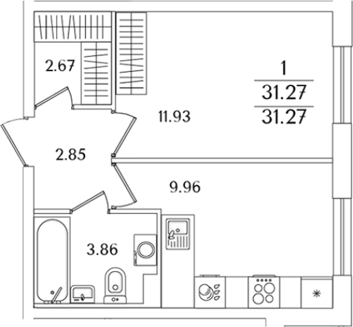 . Вариант № 6713310, 0, площадь - 31.27 квм, цена 10113177 рублей