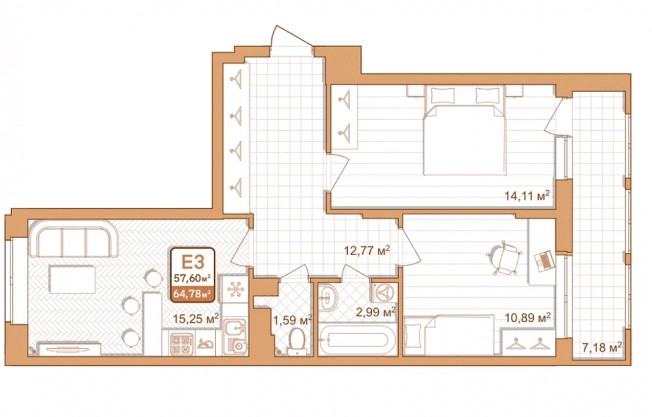 . Вариант № 71095, 0, площадь - 64.78 квм, цена 5700640 рублей