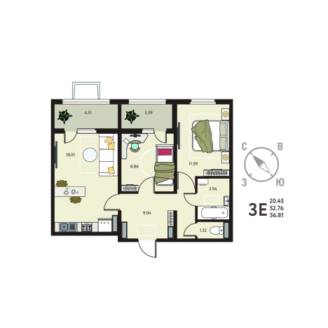 Купить квартиру в ЖК Зеленый Квартал Бабяково в Воронежской области. Вариант № 154999, 0, площадь -  квм, цена 5368545 рублей