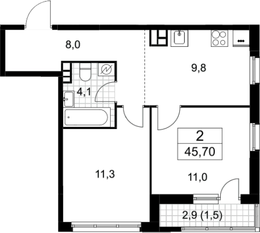. Вариант № 3951199, 0, площадь - 44.2 квм, цена 8596364 рублей
