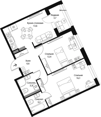 . Вариант № 7829671, 0, площадь - 55.2 квм, цена 13018800 рублей