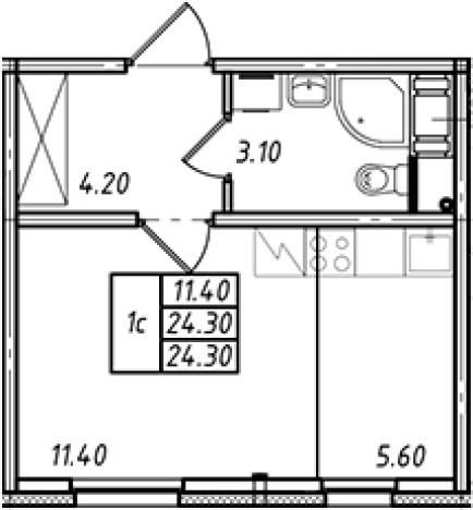 . Вариант № 7600007, 0, площадь - 24.3 квм, цена 3859471 рублей