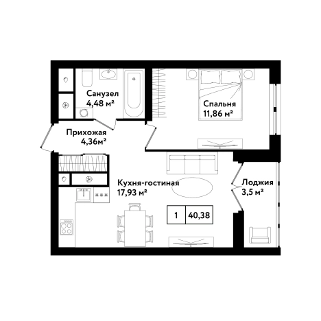 . Вариант № 71221, 0, площадь - 40.38 квм, цена 4488440 рублей