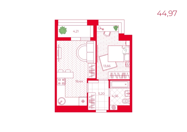 . Вариант № 70748, 0, площадь - 44.97 квм, цена 4549000 рублей