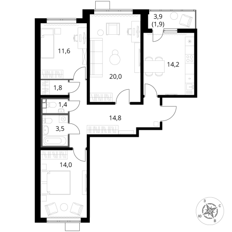 Купить трехкомнатную квартиру в Видном. Вариант № 9801362, 0, площадь -  квм, цена 20209280 рублей