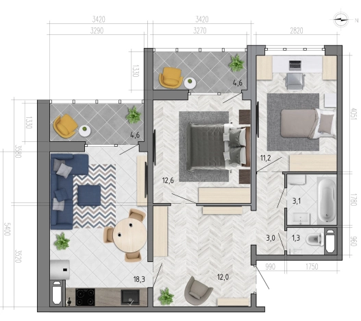 Купить двухкомнатную квартиру на улице Федора Тютчева в Воронеже. Вариант № 153294, 0, площадь -  квм, цена 6821630 рублей