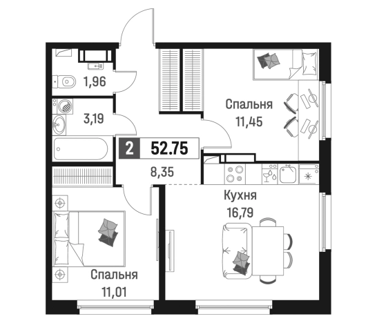 . Вариант № 6867498, 0, площадь - 52.75 квм, цена 9924115 рублей