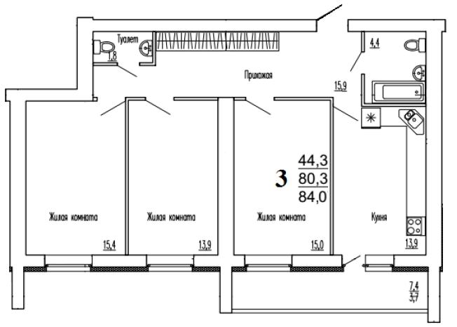 . Вариант № 78344, 0, площадь - 84 квм, цена 7728000 рублей