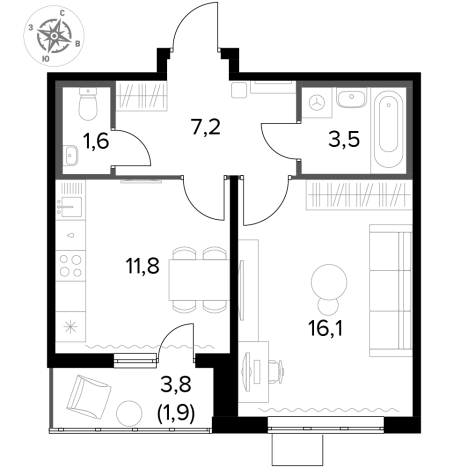 . Вариант № 9904989, 0, площадь - 42.1 квм, цена 13472000 рублей