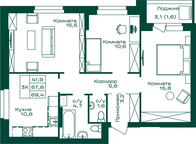. Вариант № 8640633, 0, площадь - 69.4 квм, цена 13047200 рублей