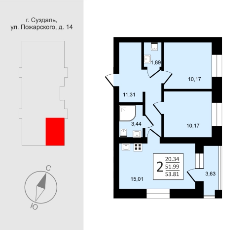 . Вариант № 7621419, 1, площадь - 53.81 квм, цена 8302883 рублей