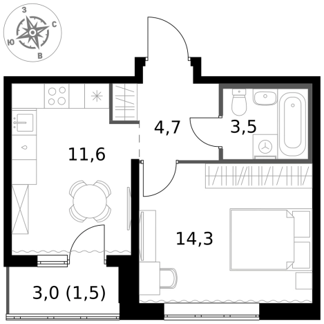 Купить однокомнатную квартиру в ЖК 1-й Южный в Московской области. Вариант № 9807382, 0, площадь -  квм, цена 12844480 рублей