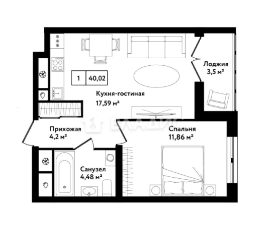Купить однокомнатную квартиру в Тульской области. Вариант № 77866, 0, площадь -  квм, цена 4488440 рублей