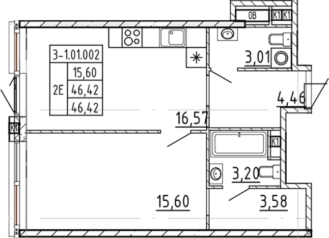 . Вариант № 4160397, 0, площадь - 46.42 квм, цена 33006664 рублей