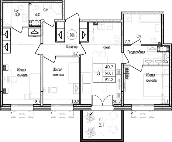 . Вариант № 7265848, 0, площадь - 90.1 квм, цена 32715000 рублей