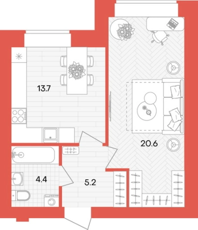 . Вариант № 2626032, 0, площадь - 43.9 квм, цена 4126600 рублей