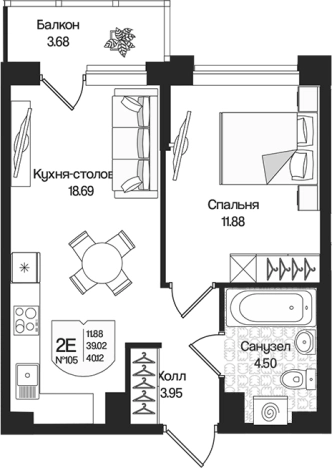 . Вариант № 7261456, 0, площадь - 39.02 квм, цена 8896625 рублей