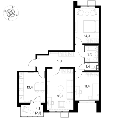 Купить трехкомнатную квартиру у метро Домодедовская в Видном. Вариант № 10221410, 0, площадь -  квм, цена 19467210 рублей