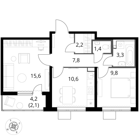 Купить двухкомнатную квартиру в ЖК 1-й Южный в Московской области. Вариант № 9806111, 0, площадь -  квм, цена 17899200 рублей